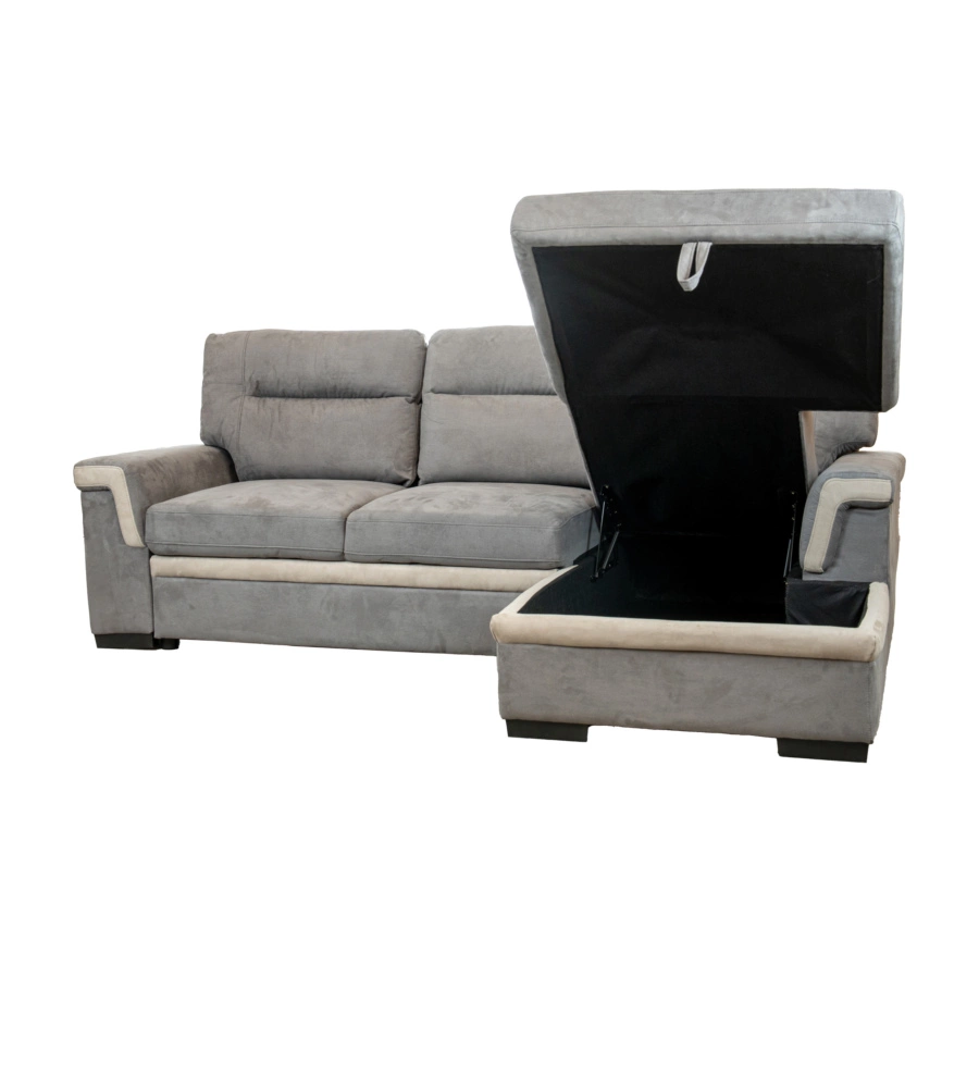 DIVANO LETTO ANGOLARE "ERIKA" IN TESSUTO GRIGIO CON PENISOLA A DESTRA, 254X92/165X102 CM